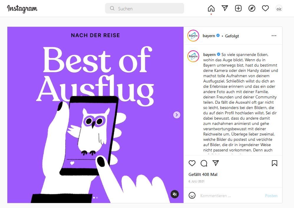 Best of Ausflug! Auf einem grafisch gestalteten Instagram-Post hält eine Hand ein Smartphone in der Hand. Die zweite, rechte Hand berührt den Bildschirm, auf dem eine Eule zu sehen ist.