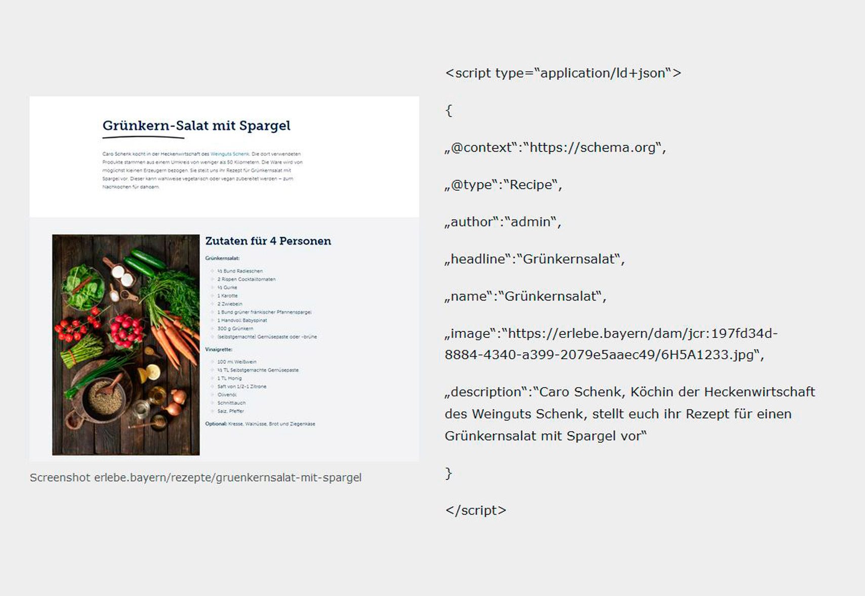Beispiel für semantische Auszeichnung: Screenshot erlebe.bayern/rezepte/gruenkernsalat-mit-spargel mit Skript