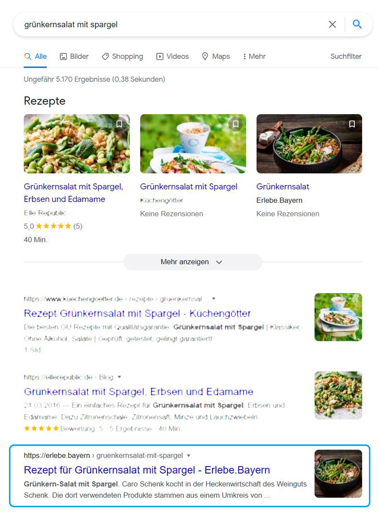 Screenshot der Suche „Grünkernsalat mit Spargel“