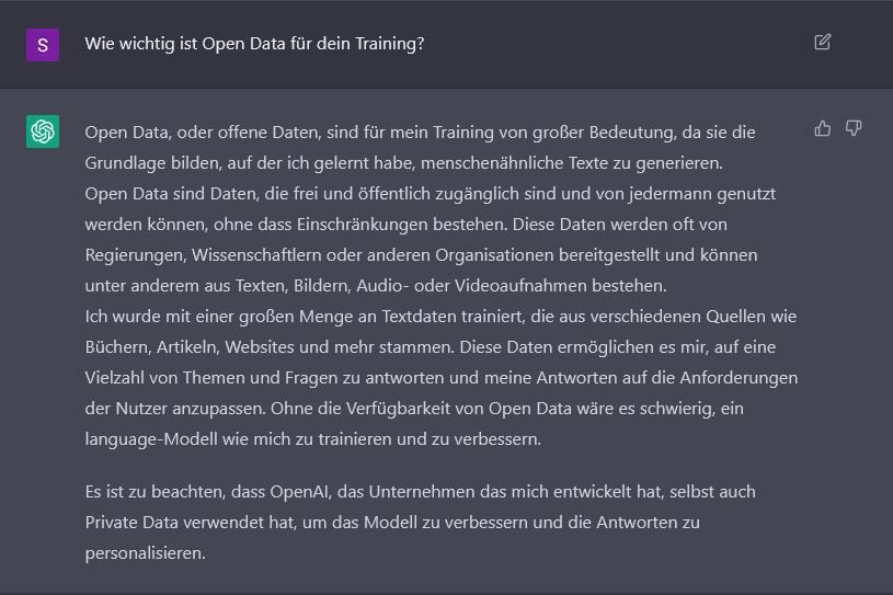 ChatGPT Dialogfeld auf die Frage, welche Daten ChatGPT für seine Antworten nutzt.